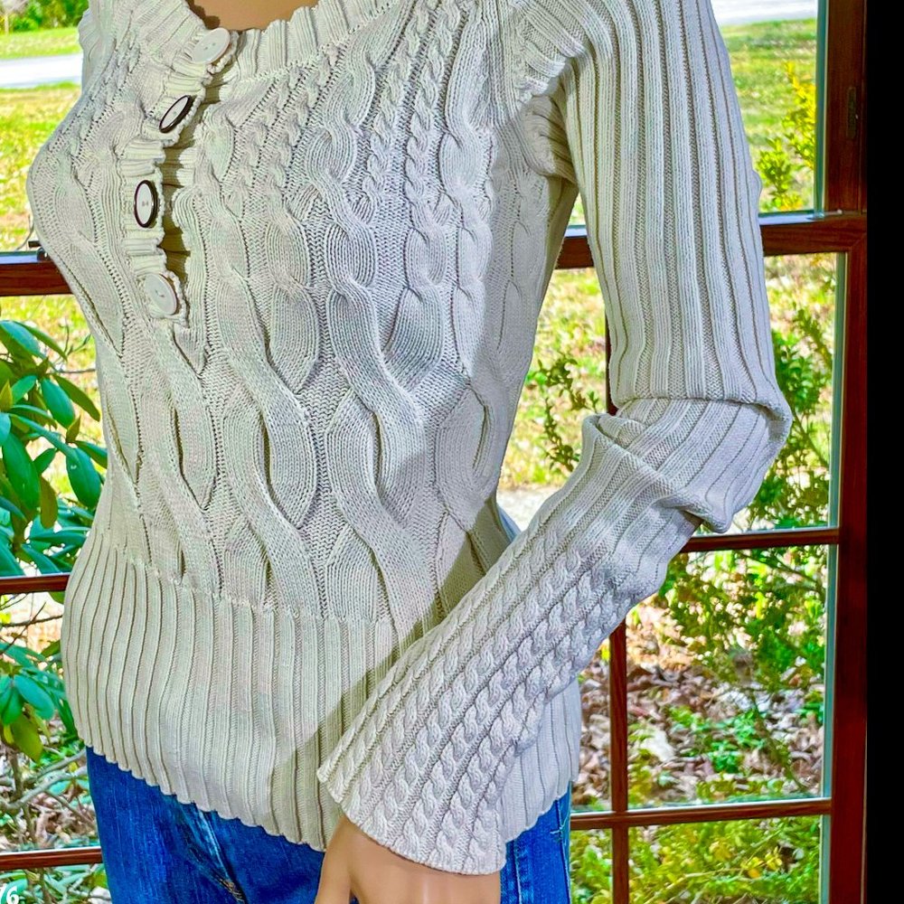▪️DKNY JEANS▪️Cream Multi-Pattern Knit Cotton Blend Fitted Sweater - Picture 4 of 7